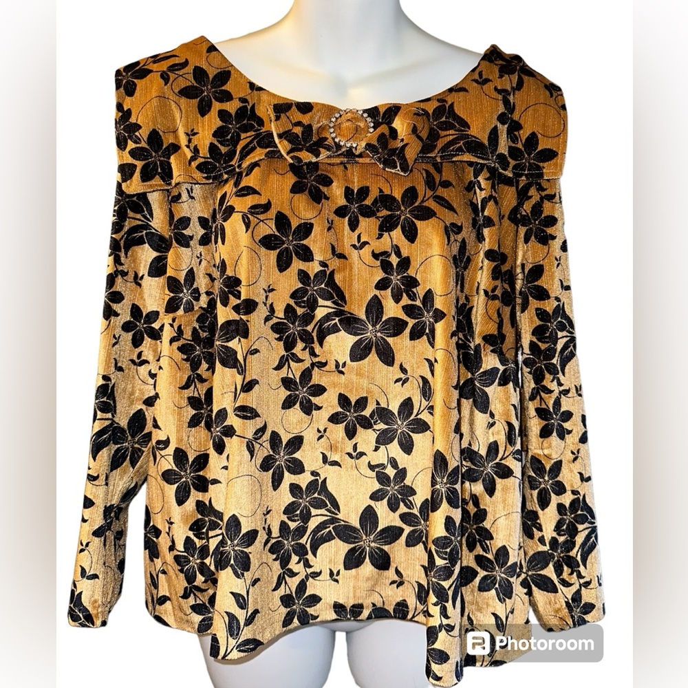 Unique Vintage Mustard Velvet Floral Blouse With Bow NWT